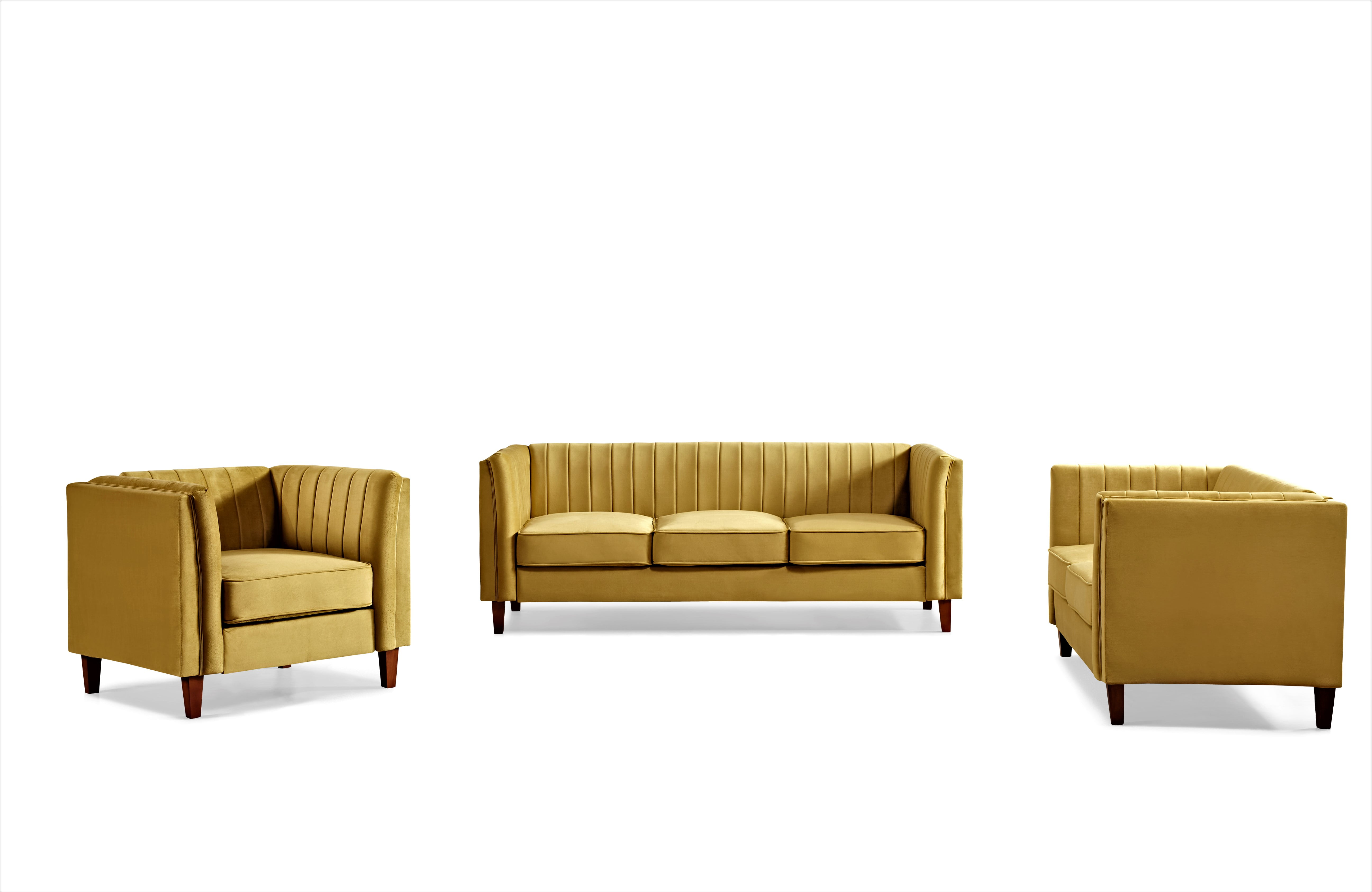 Uspridefurniture Plainfield Line Tufted Square Design 3Pcs Living Room Set, Yellow Velvet