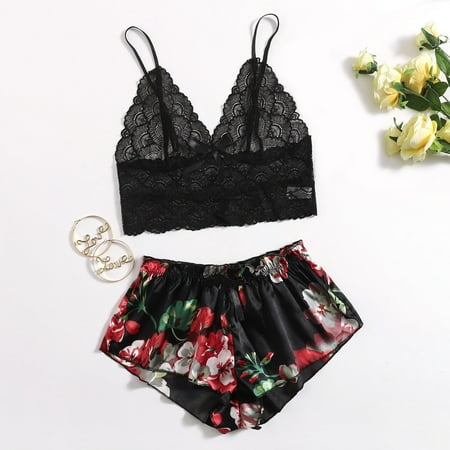 

ERTUTUYI Satin Silk Pajamas Women Nightdress Lingerie Lace Underwear Sleepwear Printing