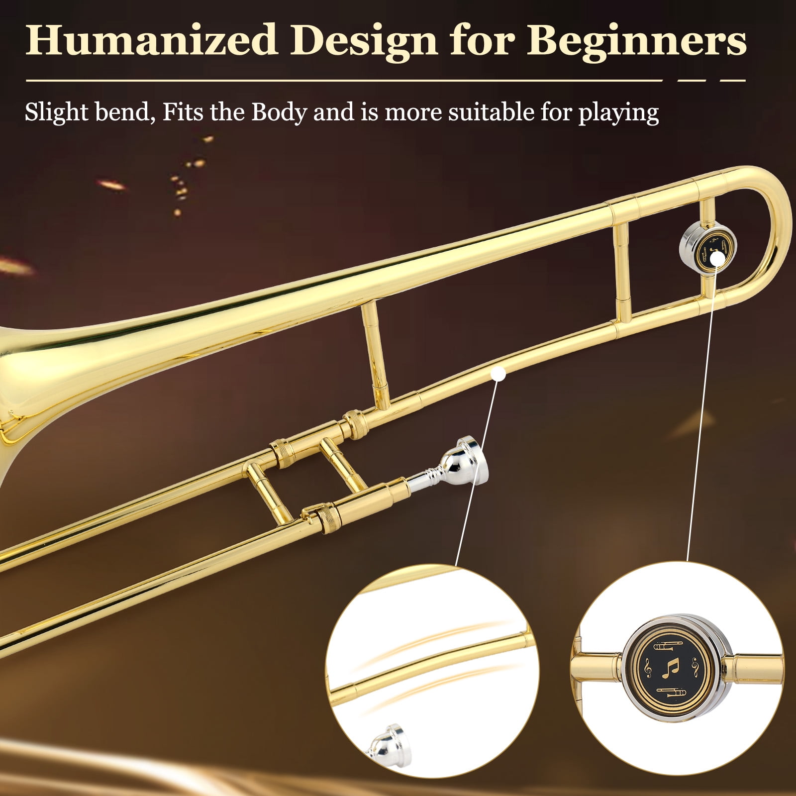 Ktaxon Bb Tenor Slide Trombone for Beginners Students, B Flat Brass Plated Trombone Instrument with Mouthpiece, White Gloves, Golden