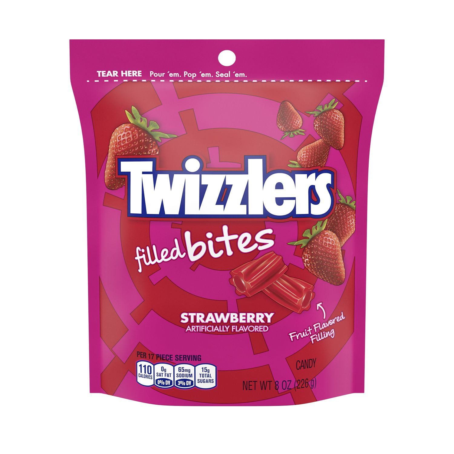 TWIZZLERS, Filled Bites Strawberry Flavored Chewy Candy, Low Fat, 8 oz, Resealable