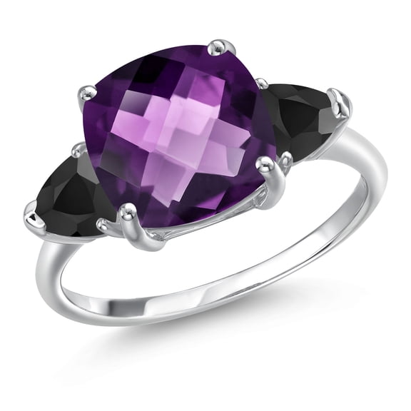 Gem Stone King 10K White Gold Purple Amethyst and Black Onyx Engagement Ring for Women | 3.72 Cttw | Cushion Checkerboard 10MM | Gemstone February Birthstone | Size 7