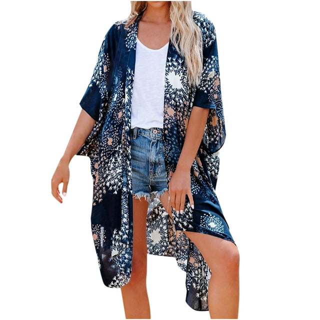Mujer Chifón Estampado Floral Playa Casual 1/2 Manga Lose Mid-Length Cardigan Split Fork Cover Up Odeerbi ODB-6