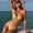 Gold, variant on Women Shiny Satin Nylon Halter Tie Bikini Set, Irregular Metal Ring Detail Side Tie High Cut Two Piece Solid Beach Swimsuit