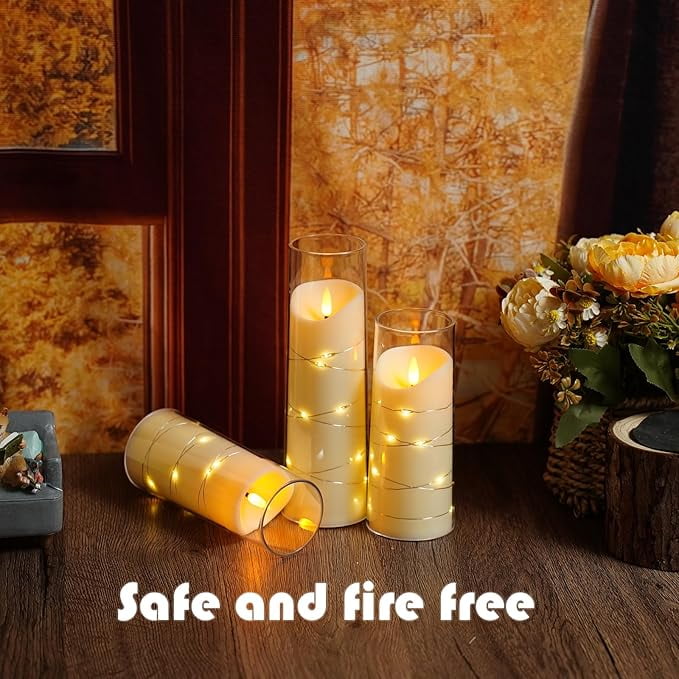 Flameless LED Pillar Candles (9 Pcs) – Embedded Star String, Battery Operated with Remote & Timer, White – Perfect for Home/Party/Wedding