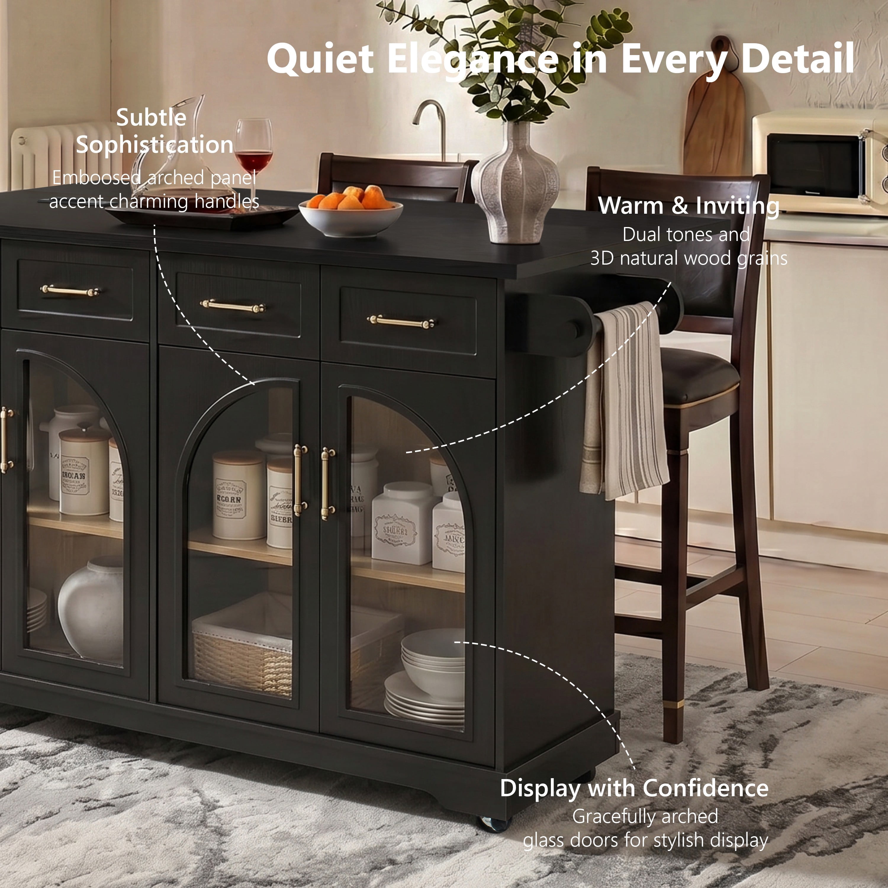 Aukfa 65" Kitchen Island with Arched Glass Doors, Drop Leaf Countertop & Charging Station, Rolling Cart, Black