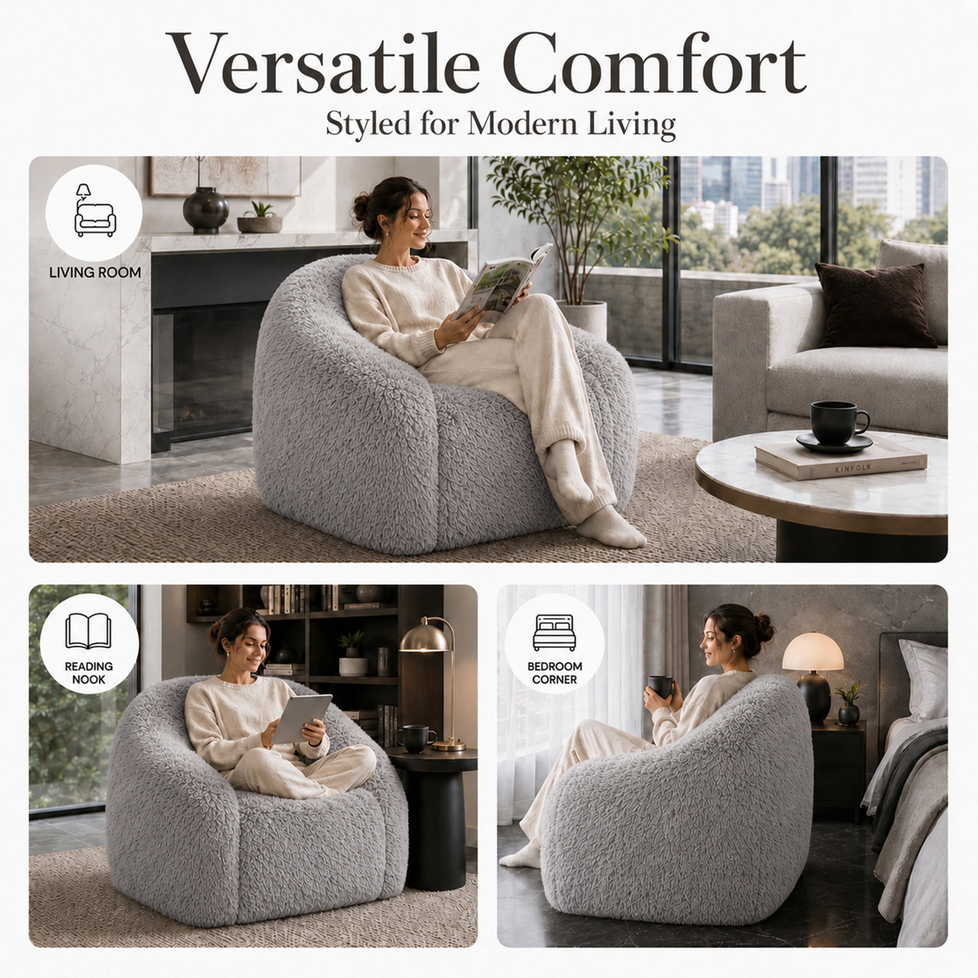 Aenkyo 40.6 Inch Faux Fur Single Sofa Chair, Comfy Lounge Chair in a Box, Gray