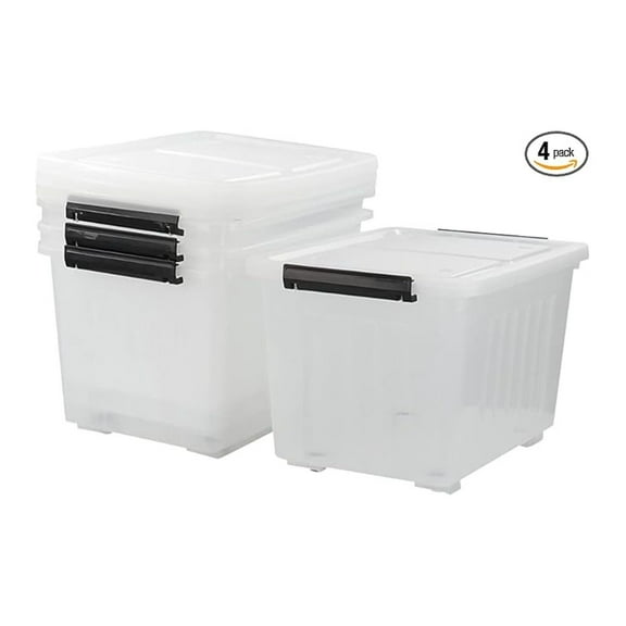 30 L Plastic Storage Box with Lid, 4-Pack Wheeled Clear Plastic Boxes
