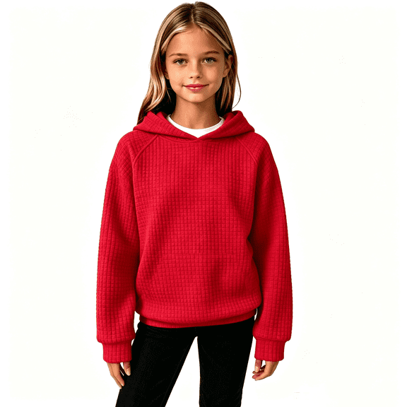 Oversized Waffle Texture Children Hoodie, Basic Plain Hood Pullover, Stretchy Skin-Friendly Fabric for Travel Outings Home Wear and Casual Layering Red 120