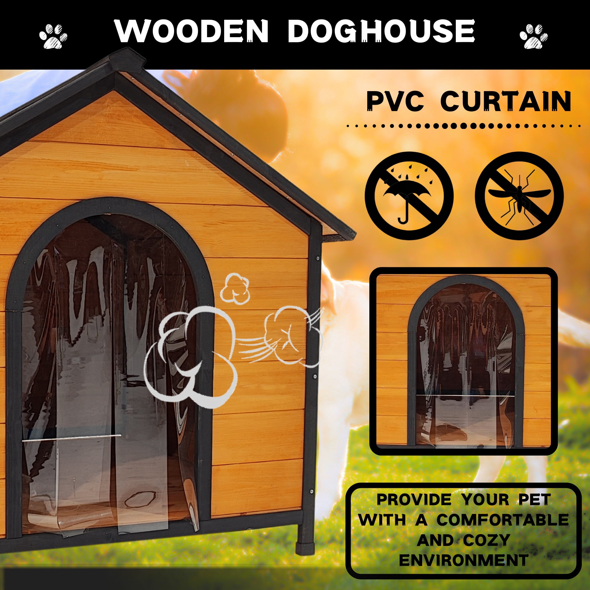 Pefilos 55" Outdoor Wood Dog House for Small Medium Dogs, Indoor Puppy Shelter with Asphalt Roof, Cabin Style Raised Cat House Shelter, Beige