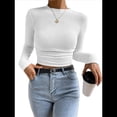 thumbnail image 3 of Tops de Punto Gofre para Mujer, Camisas de Larga, Camisetas Informales Ajustadas con Cuello Redondo, Jerséis L, 3 of 8
