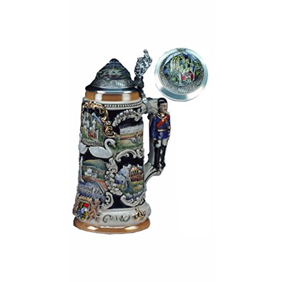 German Beer Stein Bavarian Castle Stein, King Ludwig 3-D handle, Neuschwanstein Crystal lid 0.75 liter tankard, beer mug KI 309-LHK 0,75L Ludwig