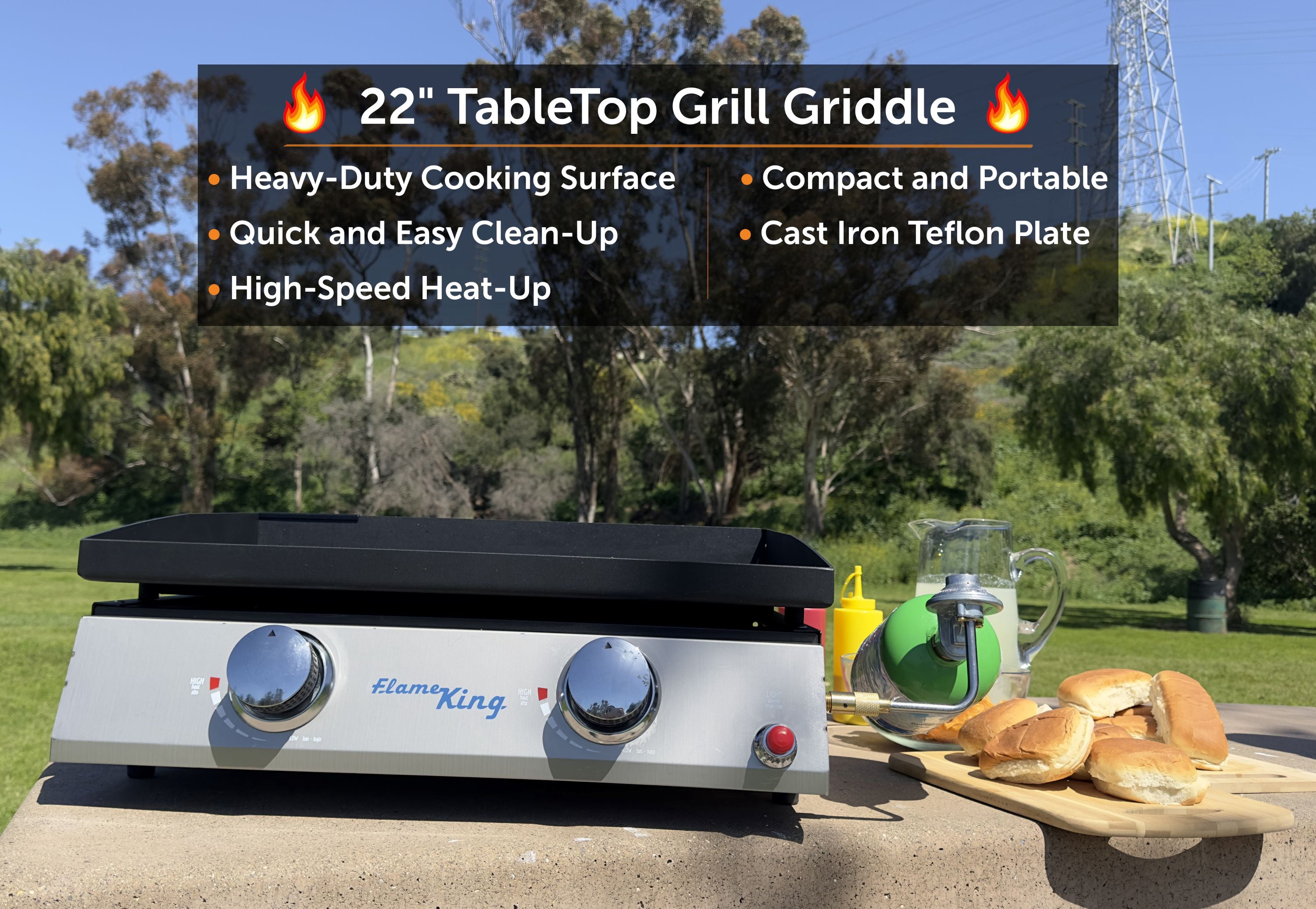 Flame King 2-Burner Propane FlatTop Tabletop Cast Iron Grill Griddle for Outdoor Cooking