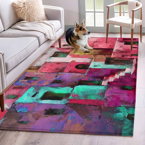 3'x5' Rug for Living Room Bedroom, Abstract Red Washable Area Rugs Non-Slip Carpet Mats, Painting Buildings Geometric Color Block Indoor Low Pile Area Rug Runner for Kitchen, Mudroom