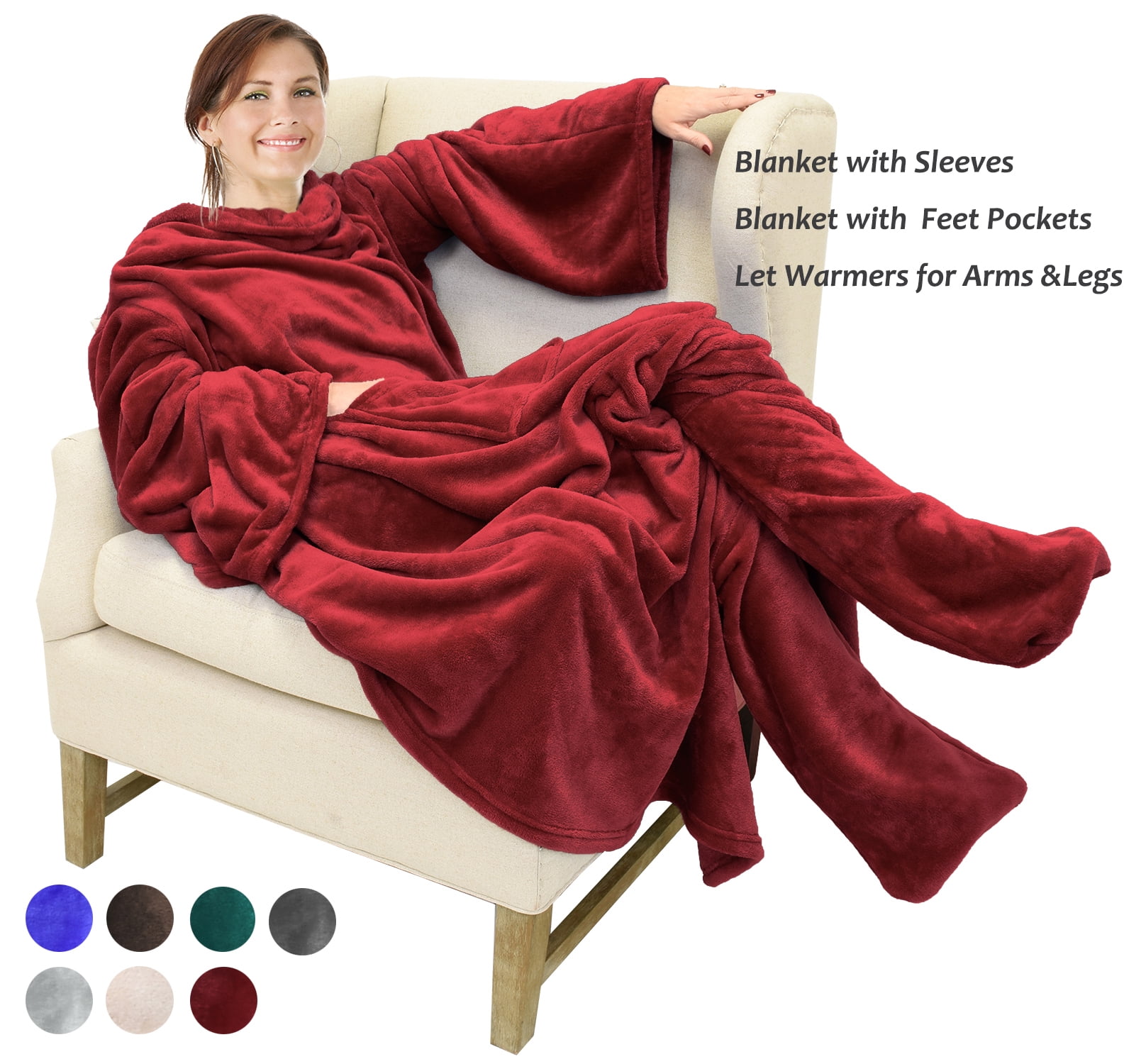 Fleece Blanket Wearable With Sleeves Foot Pockets For Men And Women