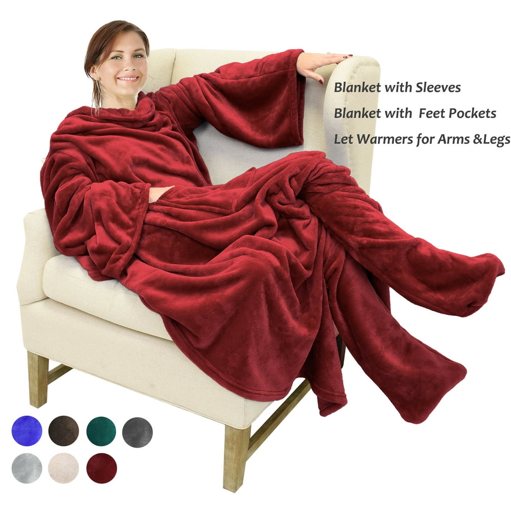 Fleece Blanket Wearable with Sleeves & Foot pockets for Men and Women, Micro Plush Wrap Sleeved