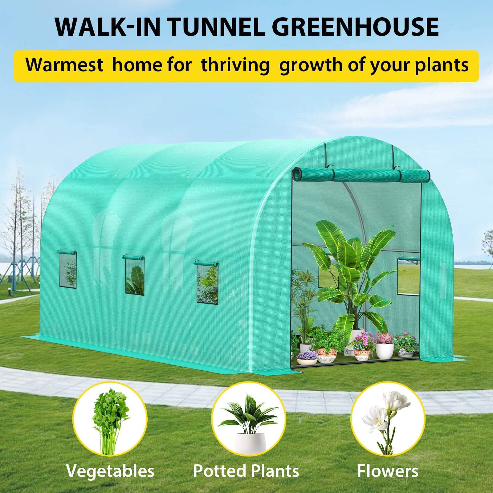 8x13x7FT Walk-in Greenhouse, Galvanized Steel Frame (19x0.6 Pipes) with 6 Mesh Windows & Full Zipper Door, Portable Tunnel Tent for Outdoor Use