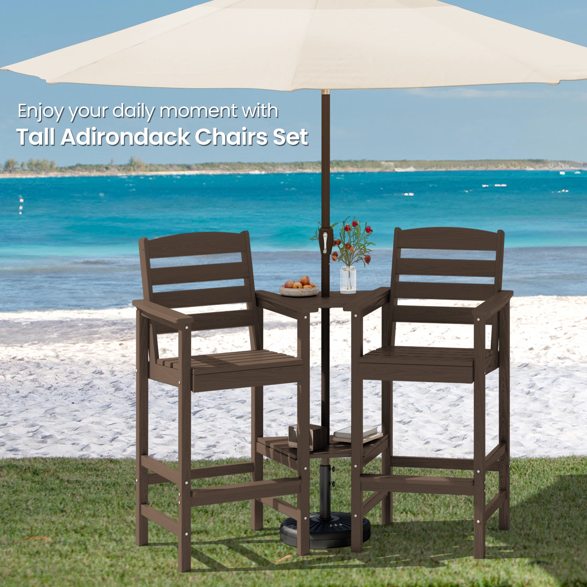 SERWALL Tall Adirondack Chairs Set of 2 with Connecting Table, HDPE Adirondack Outdoor Barstools, Coffee