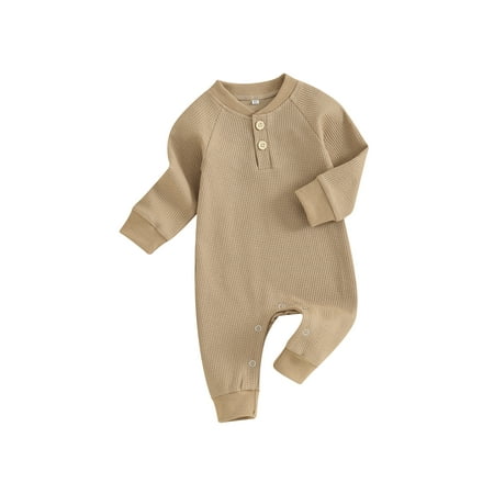 

Hirigin Solid Color Long Sleeve Full Length Romper for Babies in Waffle Fabric