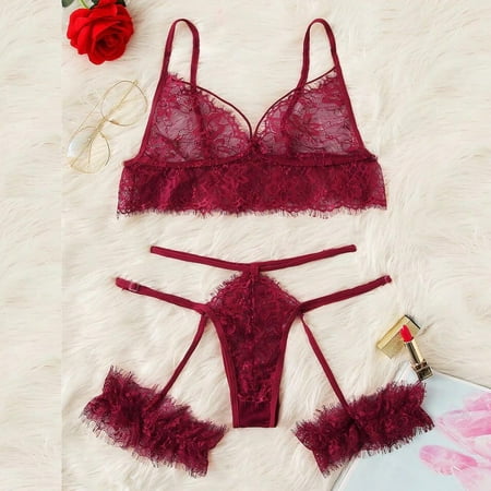 

Lingerie for Women Fashion Sexy Eyelash Lace Garter V-neck Set Badydoll Underwear