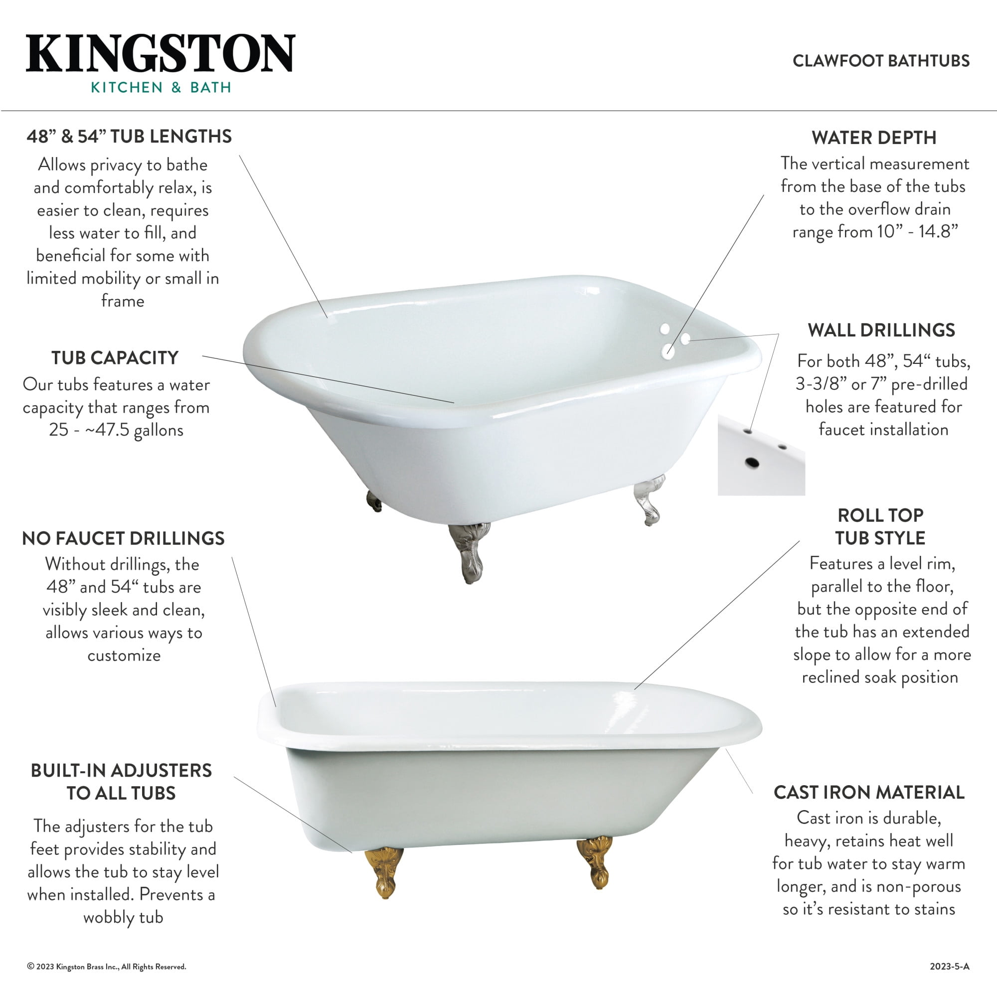 Aqua Eden VCTND543019W6 54-Inch Cast Iron Classic Flat-Rim Roll Top Clawfoot Tub (No Faucet Drillings) in White/Polished Nickel