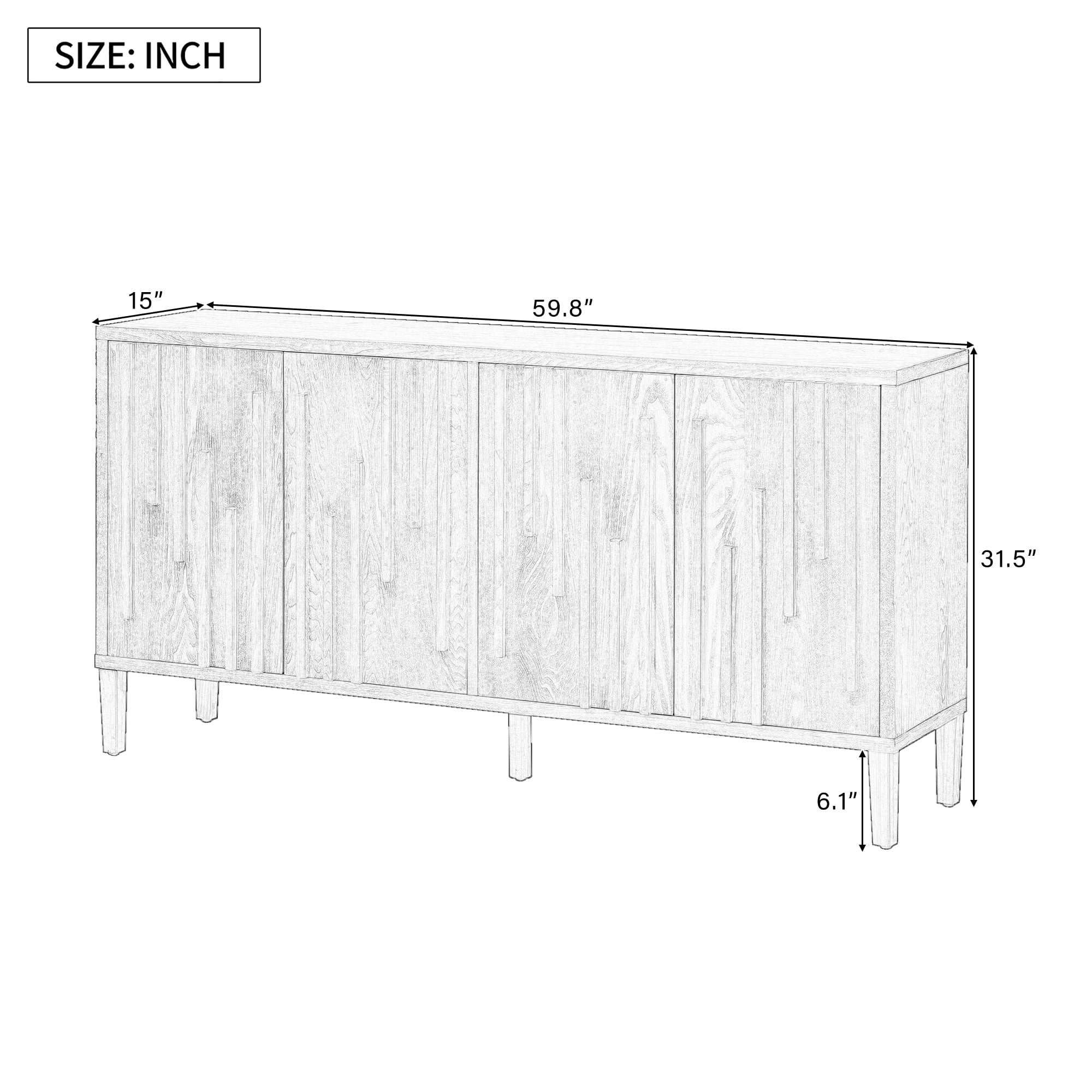 MAYEERTY 59.8" 4-Door Sideboard Black Solid Ash Veneer Hidden Handle Storage for Living Room/Hallway/Dining/Office，Natutal
