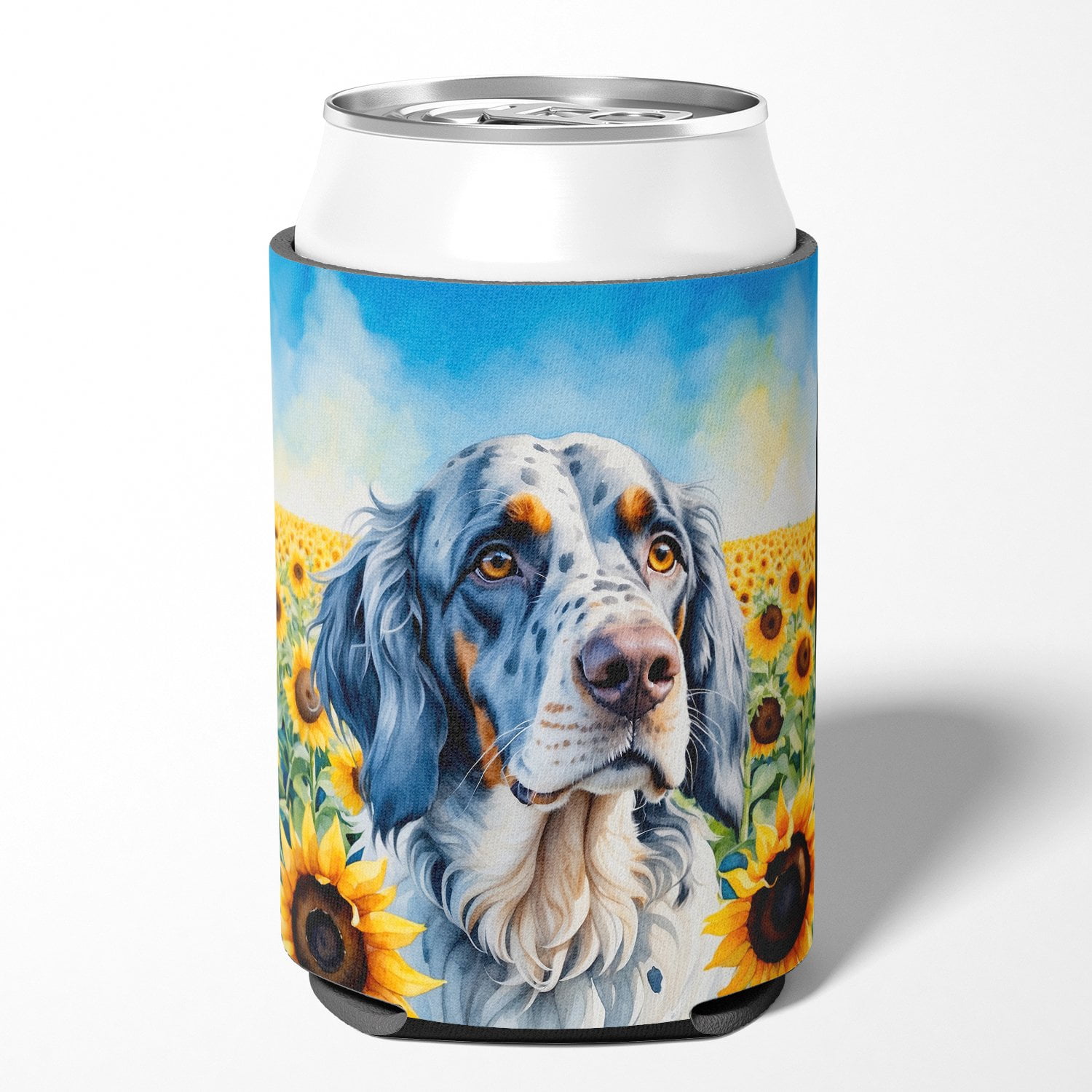 English Setter in Sunflowers Can or Bottle Hugger 3 in x 5 in