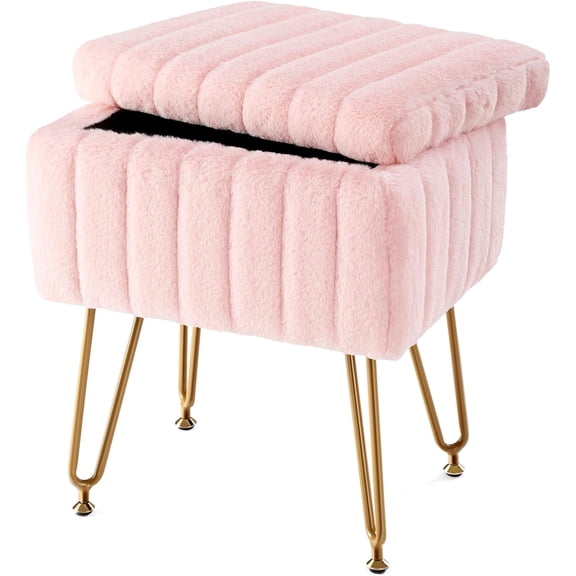 Nextay Ottoman Vanity Stool Chair with Storage, Modern Style Faux Fur Seat with 4 Metal Legs & Non-slip Feet for Living Room, Bedroom, Pink