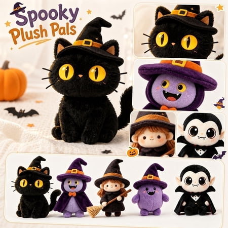 Halloween Themed Plush Toy Spooky Black Cat Witch Girl Vampire and Monster Stuffed Animals for Party Favors Gifts and Decor (E)