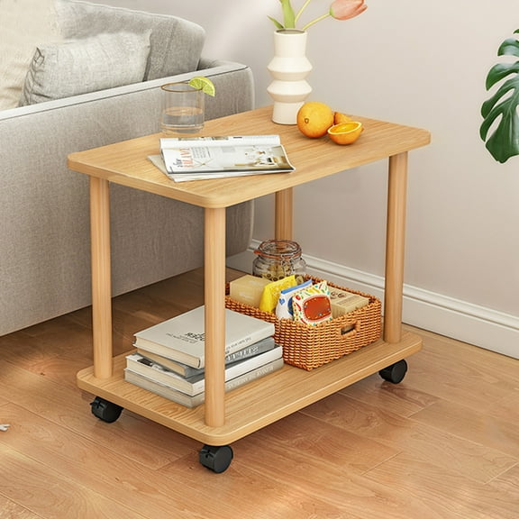Aqyh 2 Tier End Table with Wheels, Side Table Nightstand Storage Shelf for Bedroom,Kitchen,Living Room and Office, Easy Assembly - Wood Color