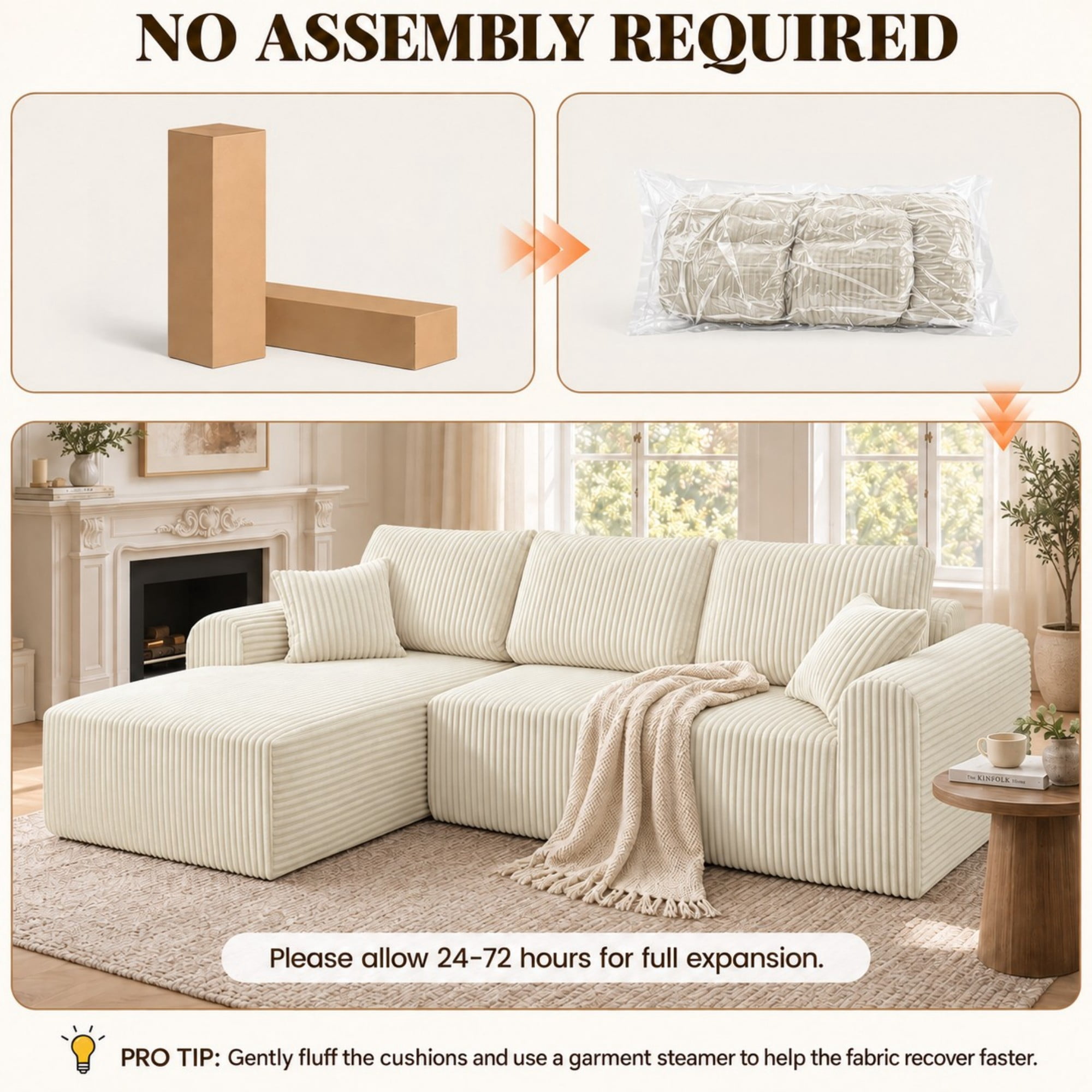 DEALTOPS 109" Corduroy L-Shape Floor Cloud Couch, Deep Seat Modular Sectional Sofa, Left Chaise, White
