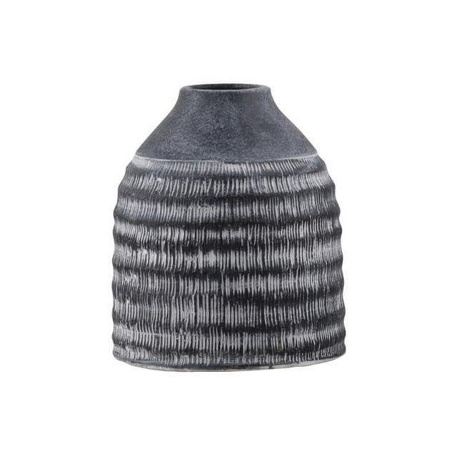 Benjara BM208726 Round Cement Pot with Narrow Banded Mouth & Rustic Pattern, Gray - Small