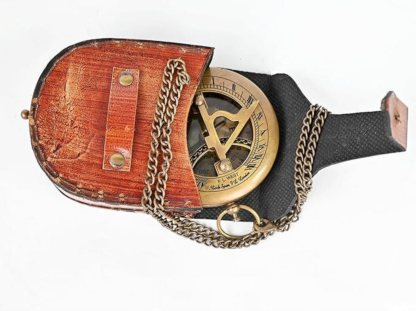 Maritime treasures Instruments Brass Sundial Compass with Leather Case and Chain - Steampunk Accessory - Antiquated Finish - Beautiful Handmade Gift -Sundial Clock (Classic)