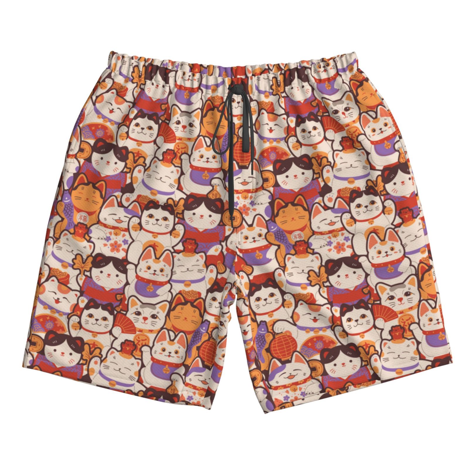 Naloa Maneki-Neko Cats Men's Beach Shorts, Surfing shorts, Swim trunks, Quick Dry Swim Trunks for Surfing Beach Fun - Large