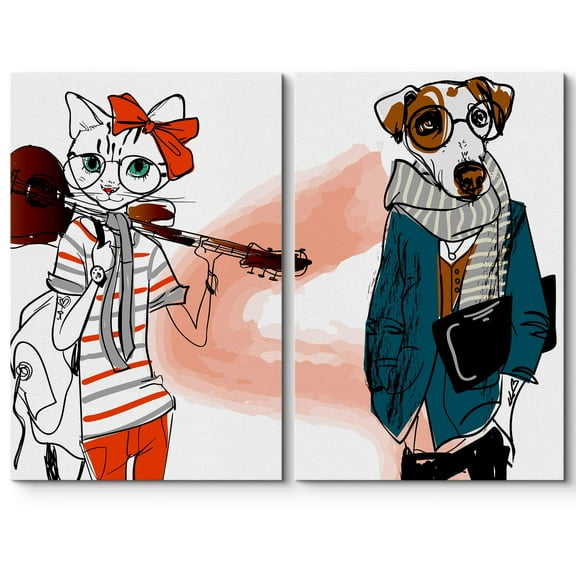 wall26 Canvas Print Wall Art Set Cartoon Cat and Dog in Hipster Clothes Animals Wildlife Illustrations Modern Art Chic Colorful Rustic Nature for Living Room, Bedroom, Office - 16"x24"x2 Pa