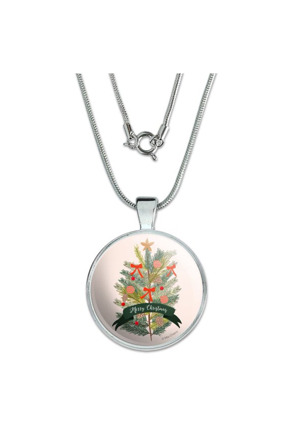 Merry Christmas Decorated Pine Tree 1" Pendant with Sterling Silver Plated Chain
