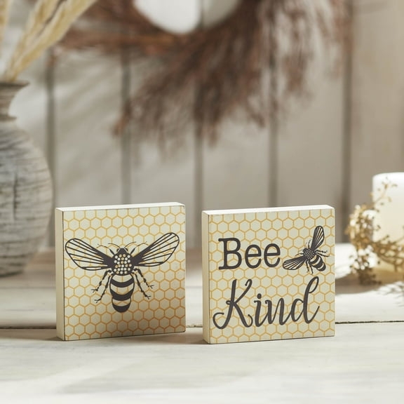 VHC Brands Buzzy Bees Bee Kind MDF Block Sign Set of 2 5x5, Spring Decor, Home Decorations for Wall or Door, Spring and Easter Hanging Decoration