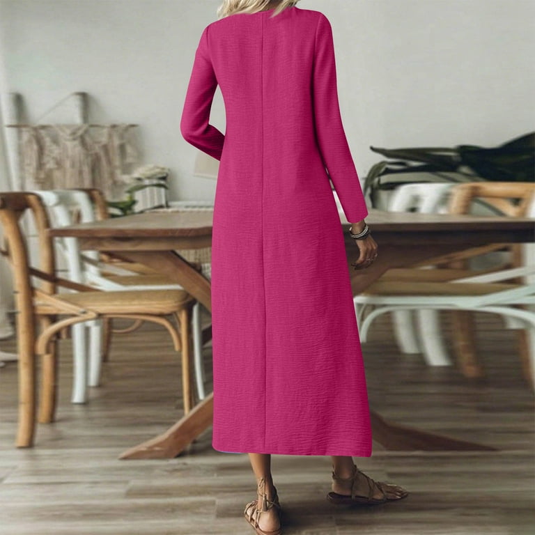SMihono Womens Cotton Linen Dress Fall Long Sleeve Loose Fit Shift Dresses  Lightweight Basic Vneck Long Flowy Modest Dress Hot Pink S - Walmart.com