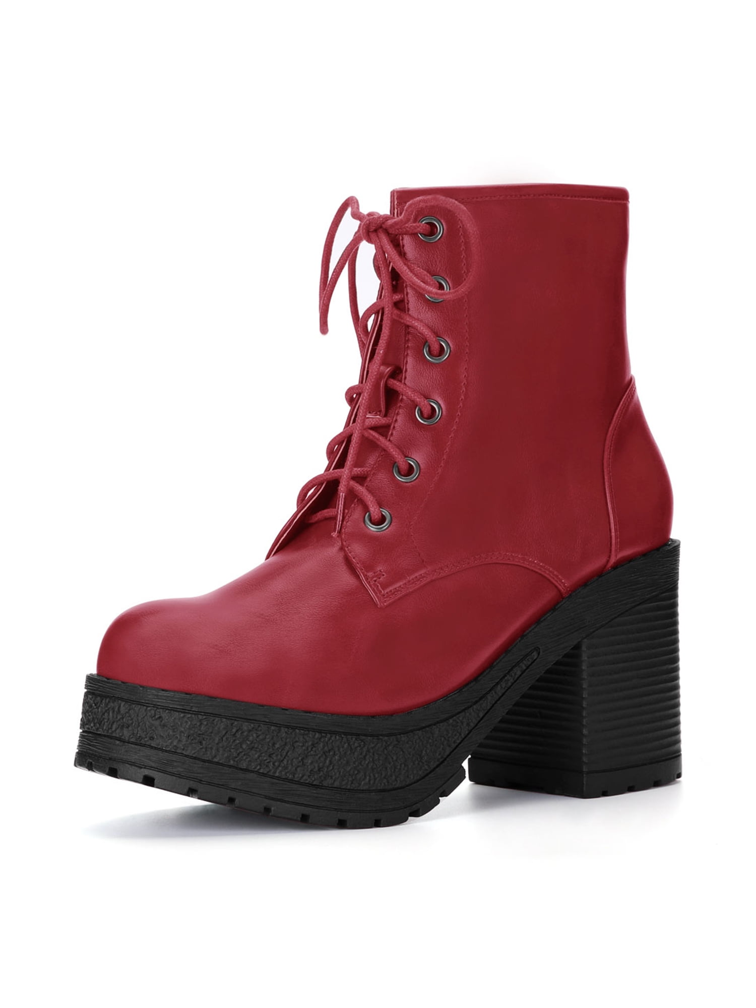 red chunky heel boot
