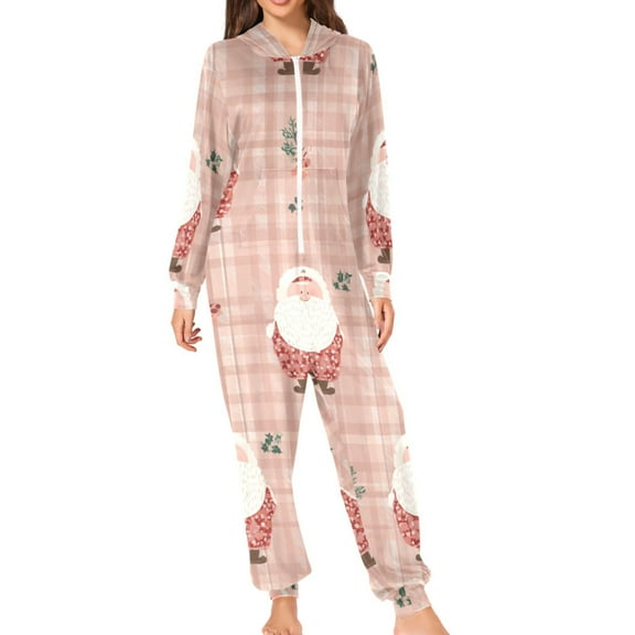 Cute Christmas Santa on Pink Plaids Adult's Hoodie Onesie Jumpsuit One-Piece Pajamas with Zipper Unisex for Holiday S