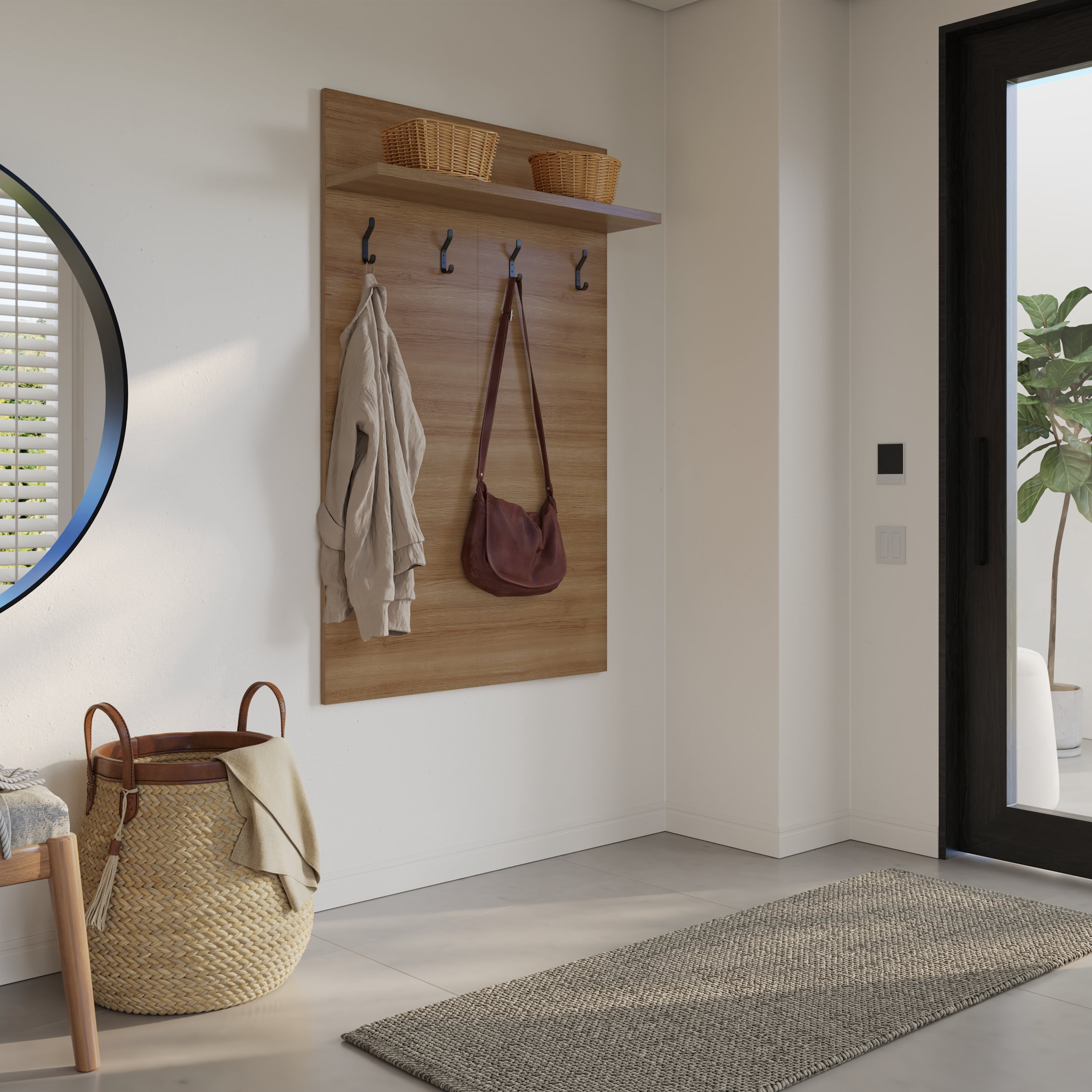 Nexera Porto Entryway Wall-Mounted Coat Rack with Shelf, Brown Oak