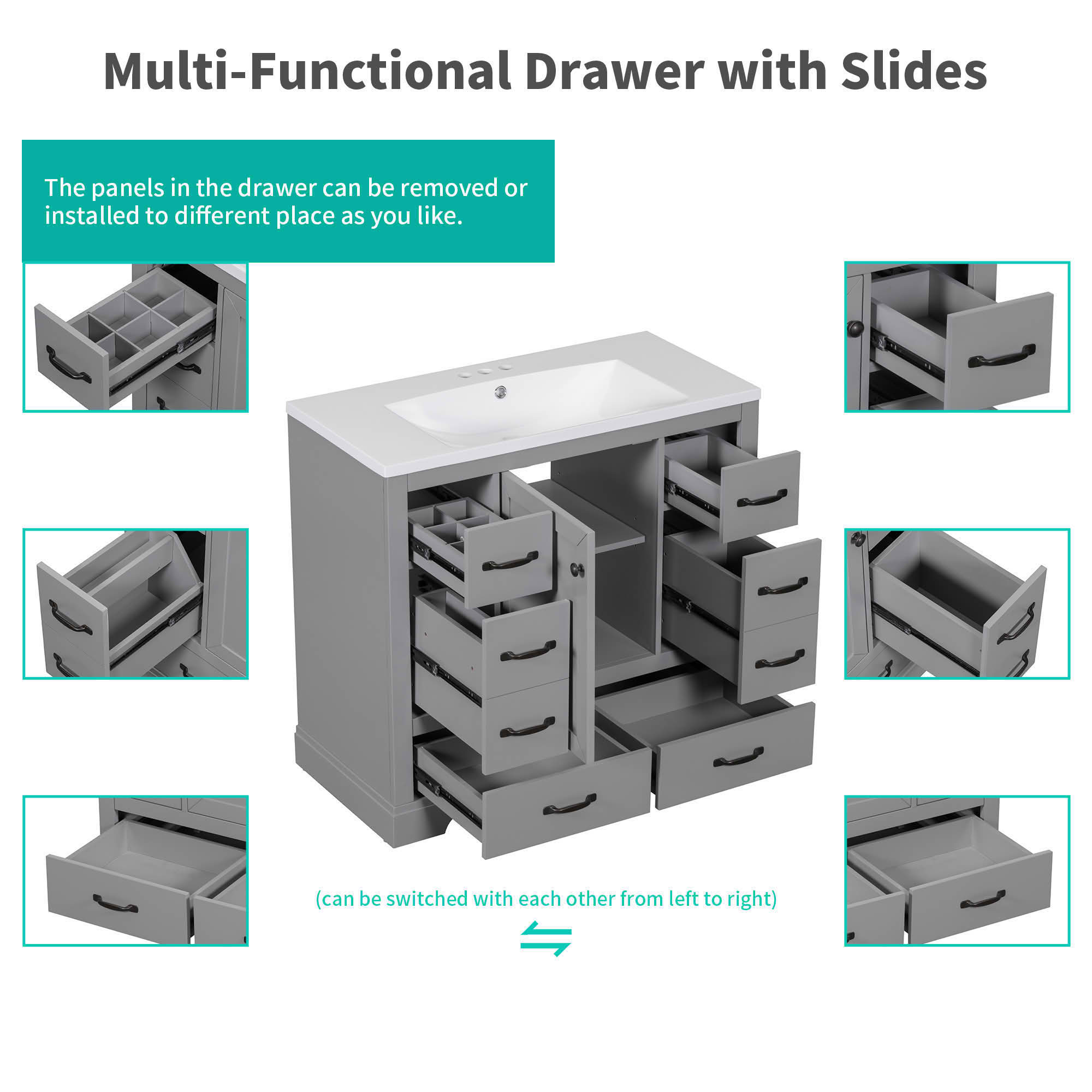 MAYEERTY 36" Bathroom Vanity without Sink 6 Drawers Drawer Divider Adjustable Shelf Gray
