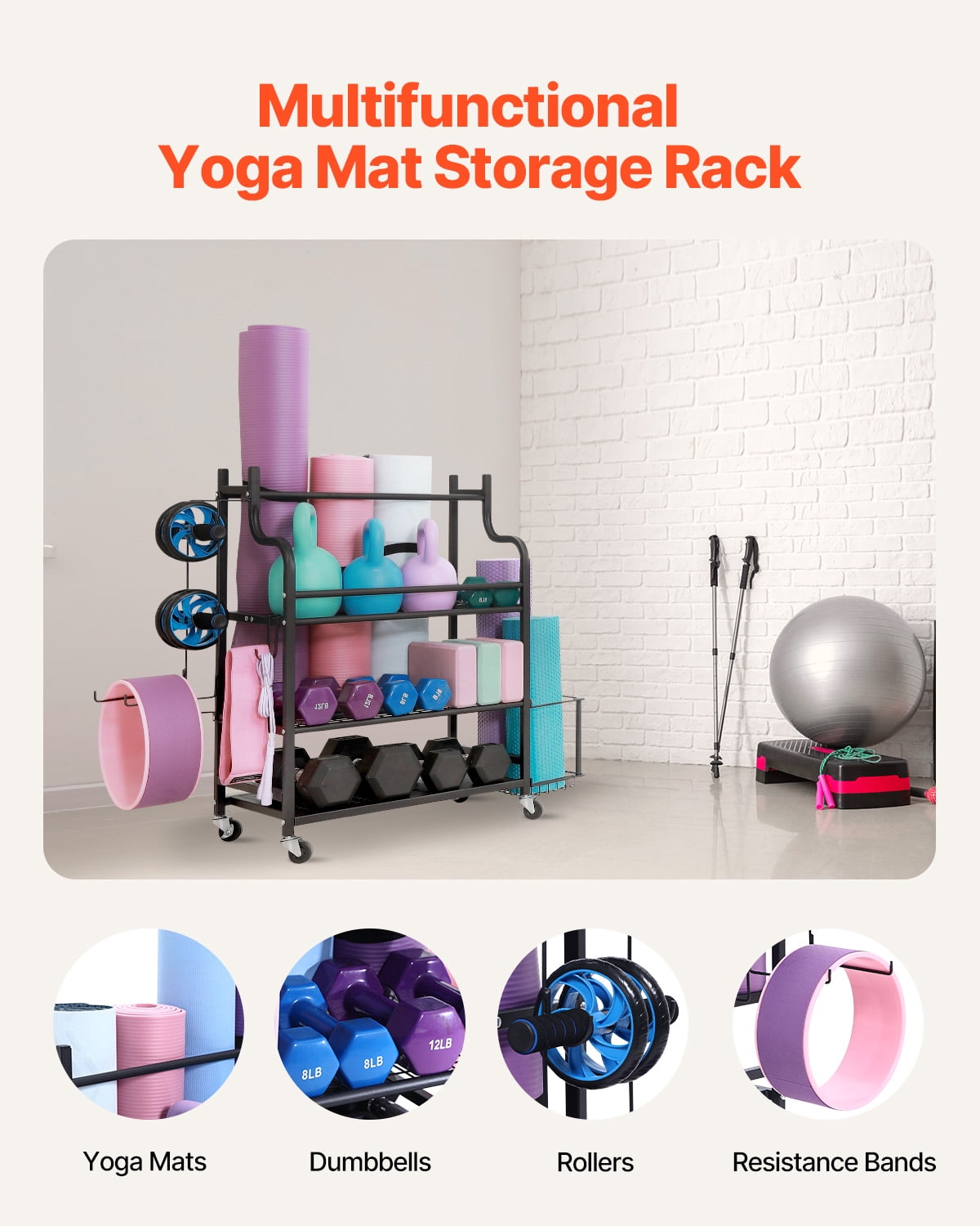 VEVOR Yoga Mat Storage Rack, Home Gym Workout Equipment Organizer, Powder Coated Finish Steel Yoga Mat Holder with Hooks & Wheels, Weight Rack for Dumbbell, Kettlebell, Foam Roller, and Yoga Strap