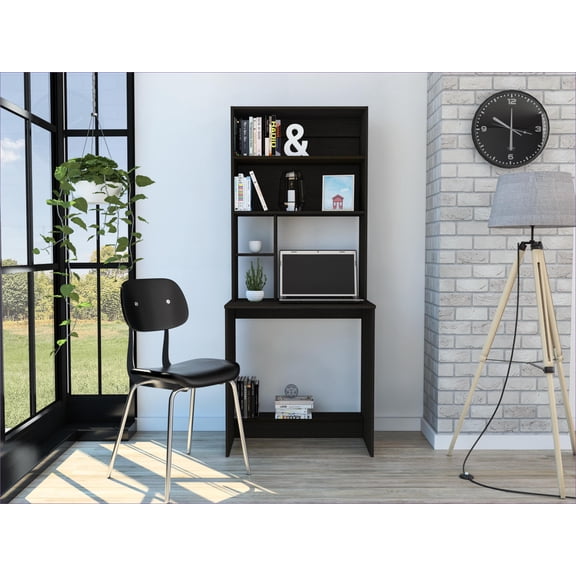 Desks | Compact Home Office Hutch Desk with 5 Shelves | 29.6” Wide | Black | Particle Board