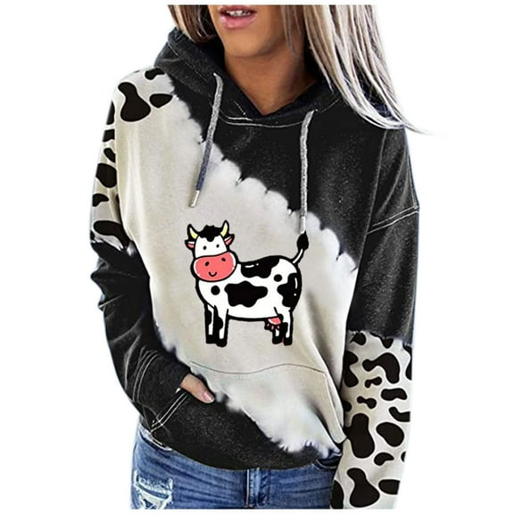 IROINNID Women's Long Sleeve Hoodie Mid-Length Print Leisure Patchwork Ladies Pullover Sweatshirt Tops, Black