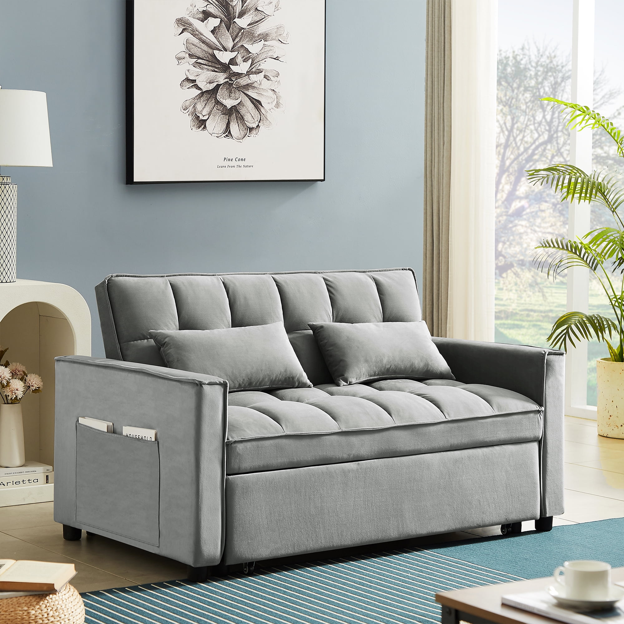 Muumblus 55" Pull Out Futon Sofa Bed, Convertible Sleeper Loveseat with Adjsutable Backrest, Modern Velvet Couch for apartment, Grey
