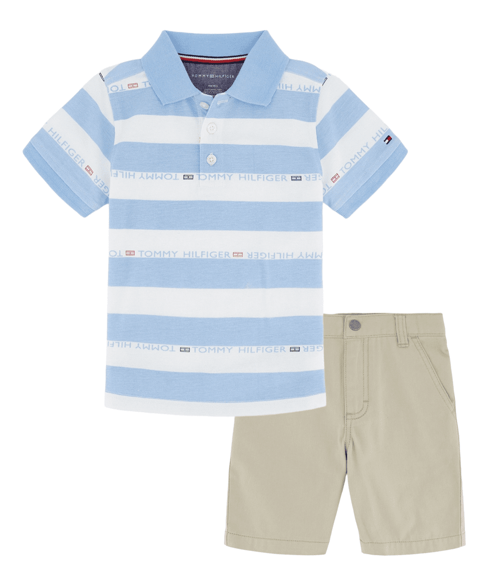 Tommy Hilfiger BLUE & WHITE STRIPE/BEIGE Baby Boy Polo & Short Set, 24M - Walmart.com