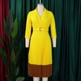 thumbnail image 3 of AURA Womens Pleated A Line Midi Dress Suit Collar Puff Nine Point Sleeves High Waist Sizes S 5XL, 3 of 7