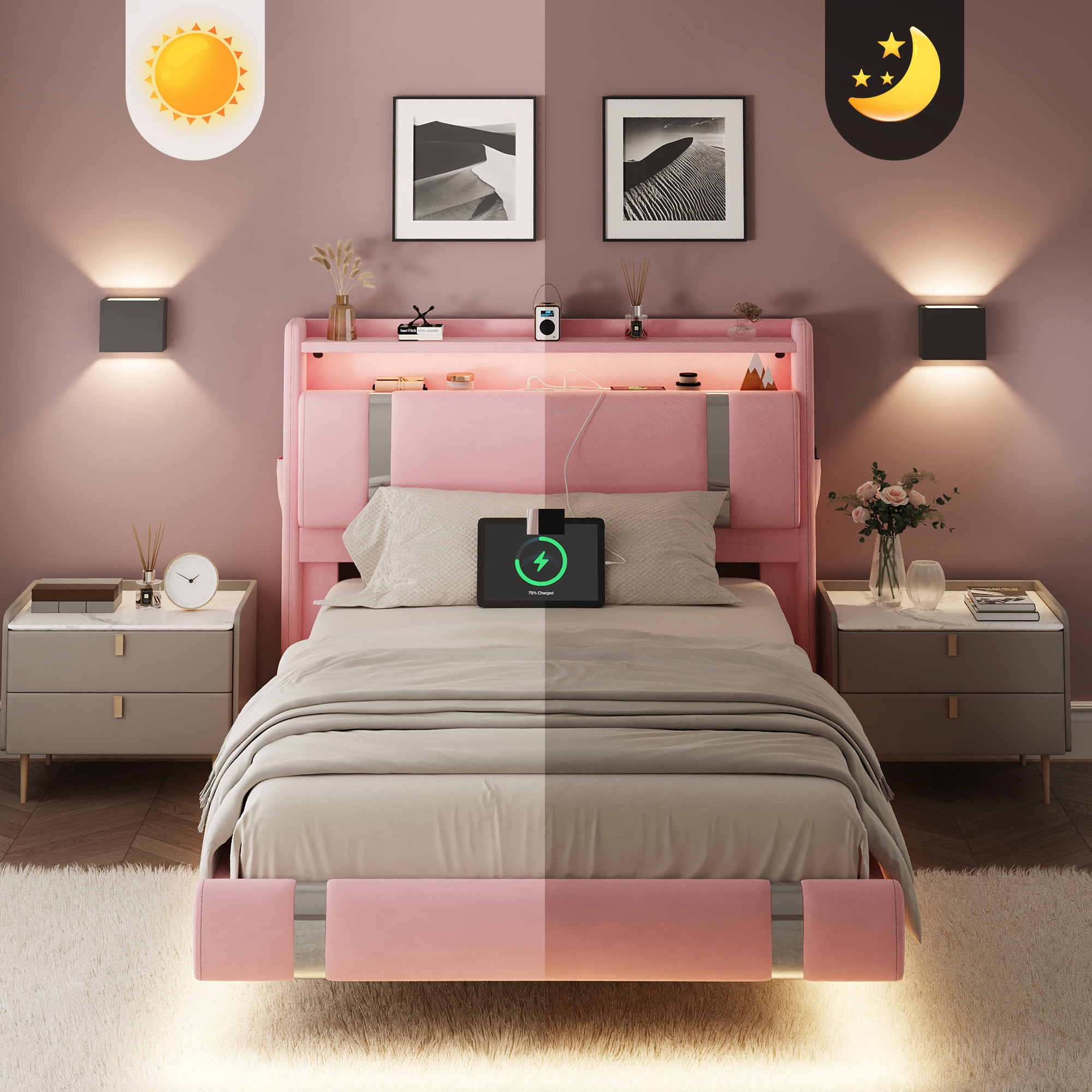 NEGYLIM Floating Bed Frame Twin Size with LED Lights, Easy to Assemble, Metal Platform Bed with Storage Headboard, No Box Spring Needed, Pink