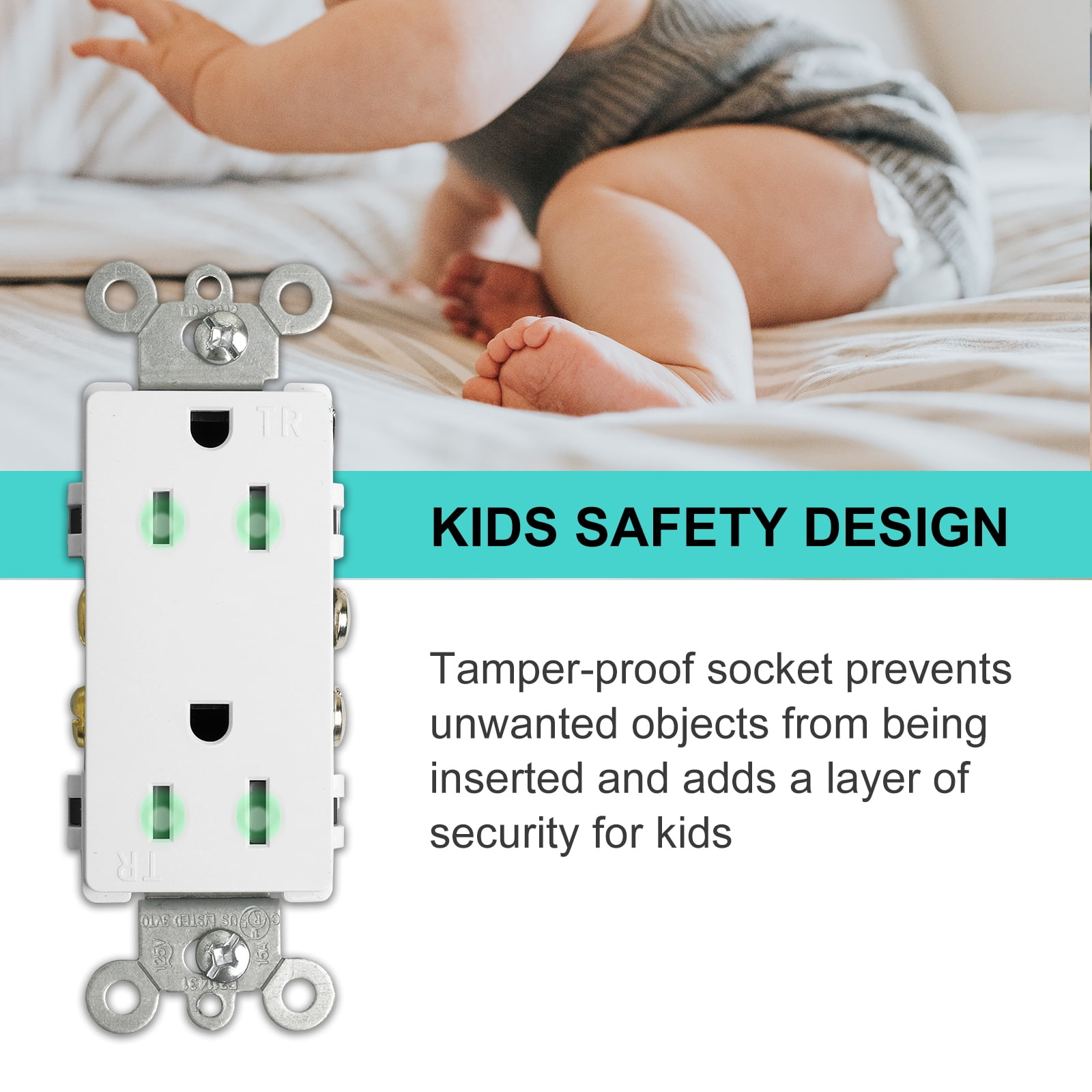 UCOMEN Decorator Receptacle, Tamper-Resistant Duplex Outlet, Standard Electrical Wall Outlet, 15A, 125 V, White 6 Pack
