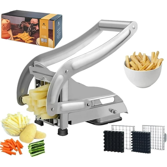 French Fry Cutter, Stainless Steel Potato Cutter, Potato Slicer, Includes 2 Blade Size Cutter Options and No-Slip Suction Base, Perfect for use with Air Fryer